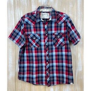 Roebuck Pearl Snap Blue & Red Plaid Short Sleeve Western Shirt Mens L Rockabilly